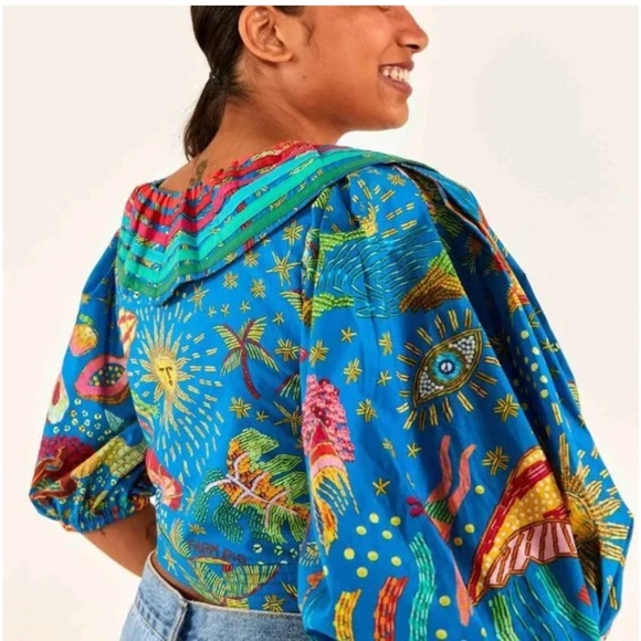 Farm Rio Blue Ocean Stories Wrap Blouse XS NWT - Picture 3 of 3